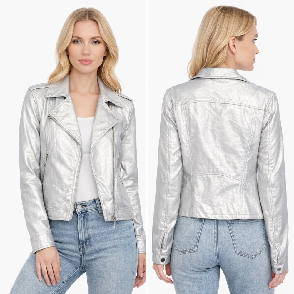 Ci Sono Silver Metallic Moto Jacket ✨ NWT Vegan Leather Biker (M) - Picture 2 of 13